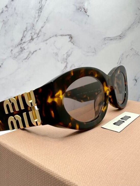 New MIU MIU Sunglasses Brown Tortoise Shell Oval Acetate Gold Logo Italy
